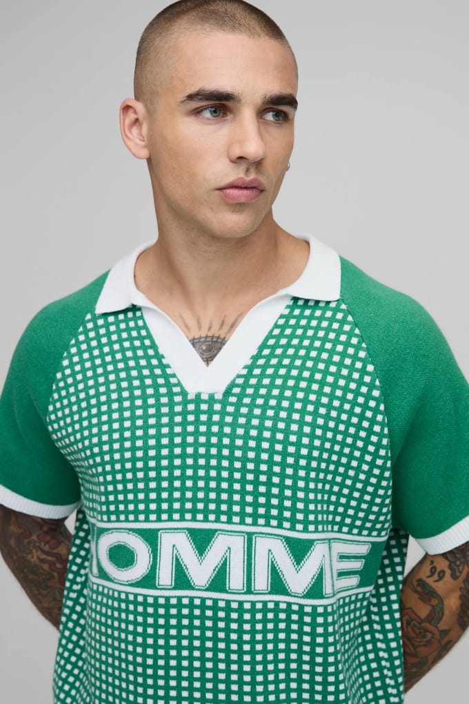 Ontspannen Boxy Varsity Geborduurde Gebreide Polo | Green | Size Medium