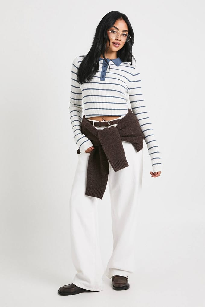 boohoo Dames Fijngebreide Top met Gestreepte Kraag | Blue | Maat: Medium