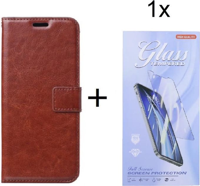 Xiaomi Redmi Note 10 Lite - Bookcase Bruin - portemonee hoesje met 1 stuk Glas Screen protector