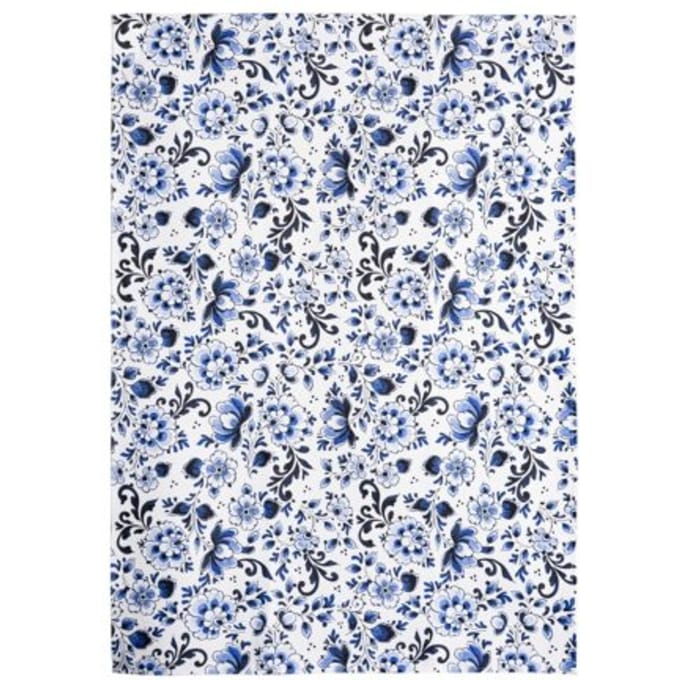 Heinen delfts blauw theedoek bloemen wit