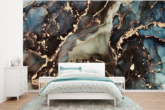Behang - Fotobehang Marmer - Goud - Groen - Breedte 295 cm x hoogte 220 cm