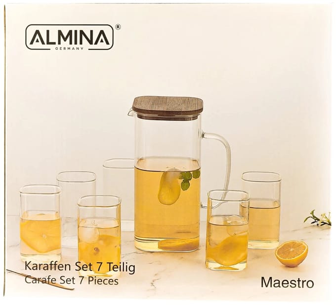 Almina Maestro - Schenkkan – Met Deksel – Set van 7 stuks – Anti Drup – Modern - Glas