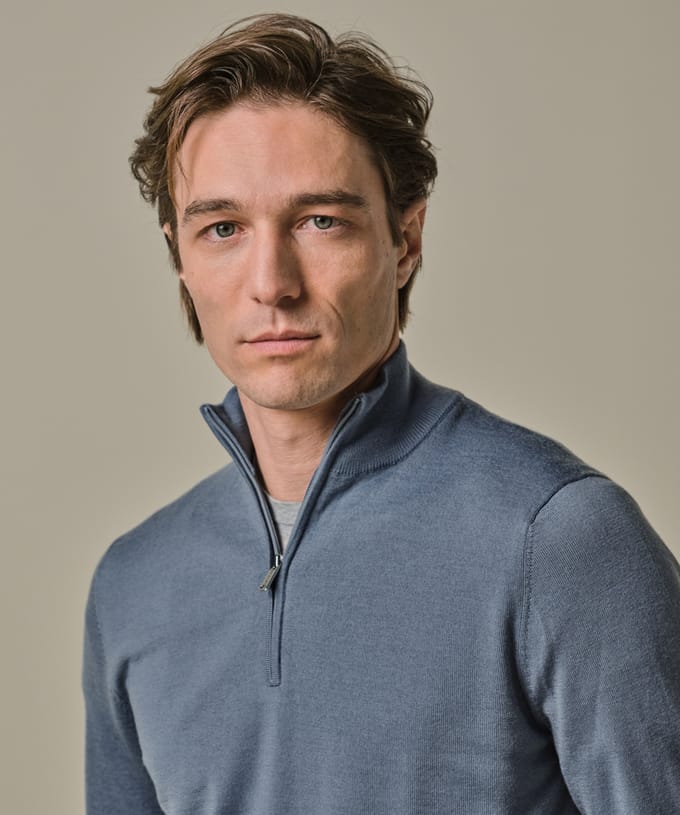 Profuomo Half Zip Pullover Merinowol Blauw - Maat M - Heren - Pullovers