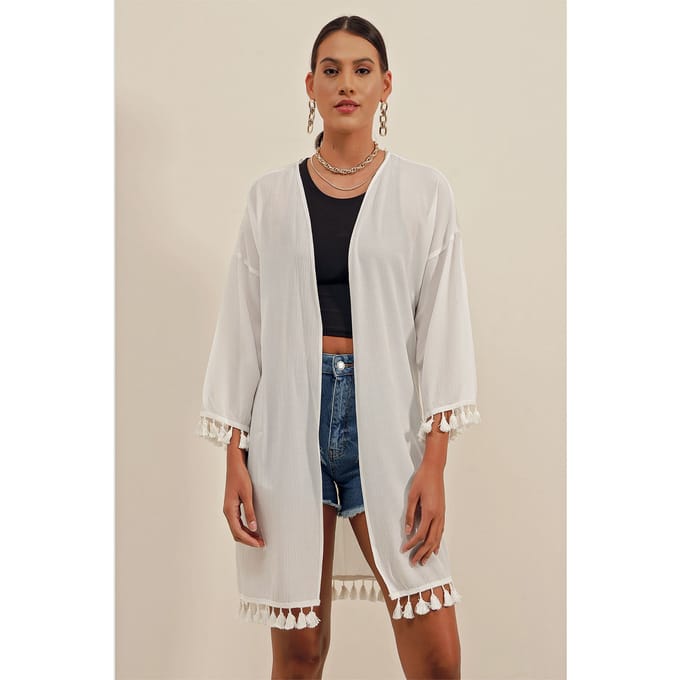 Midi Strand Kimono met Pompom Detail