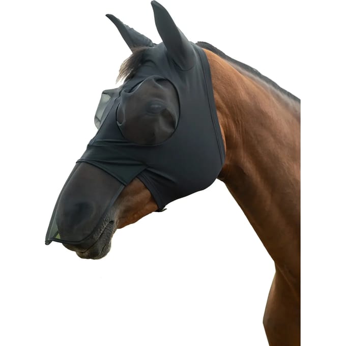 Elastische vliegenmuts voor paarden met neusscherm HKM