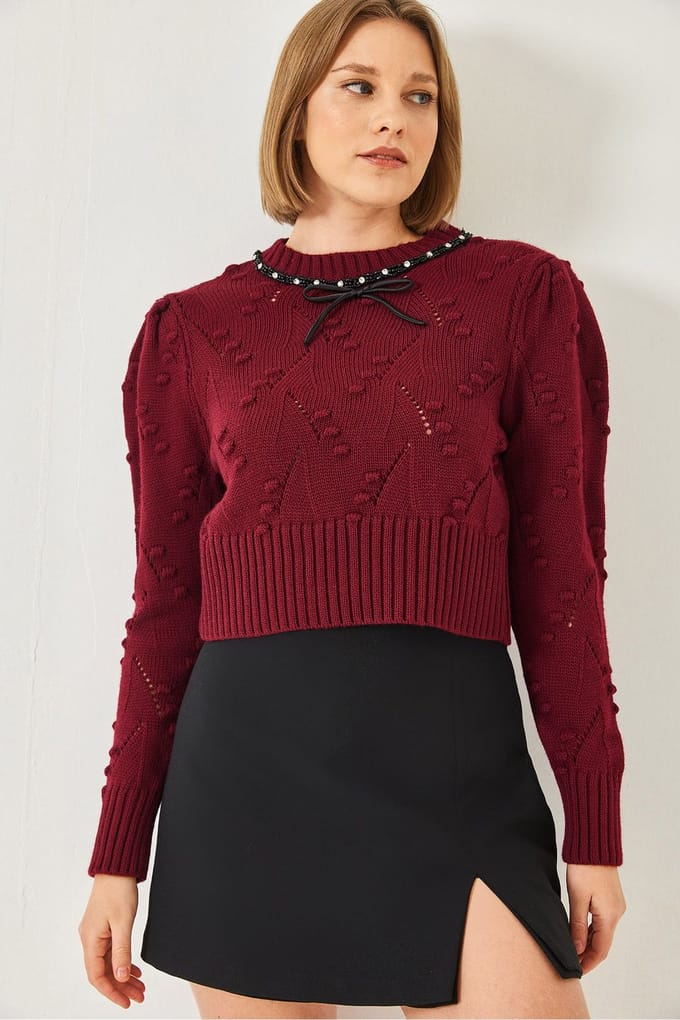 Geweven Geborduurde Crewneck Aansluitende Crop Sweater