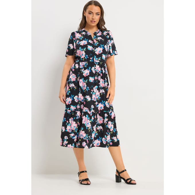 Yours Zwarte Jurk Met Bloemenprint En Halve Knoopsluiting Size 48