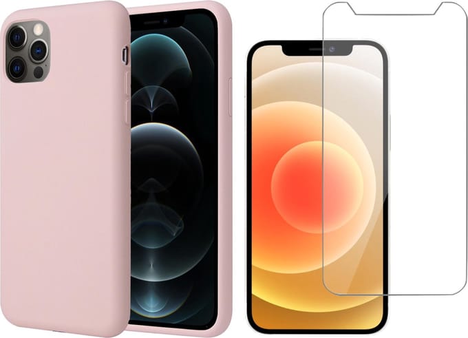 Hoesje geschikt voor iPhone 12 Pro Max - Screenprotector GlassGuard - Roze Liquid Siliconen Case