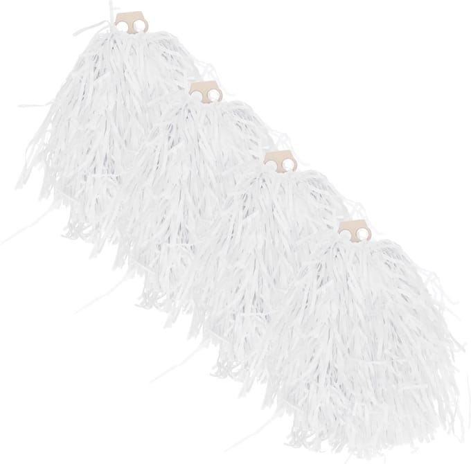 Cheerballs/pompoms - 4x - wit - met franjes en ring handgreep - 28 cm