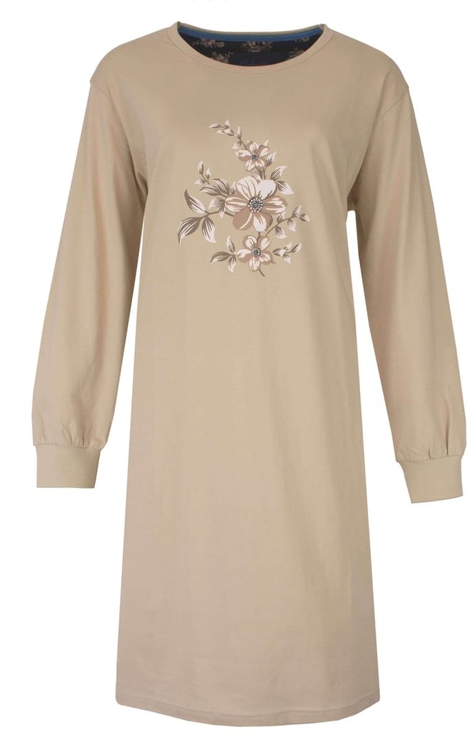 Medaillon Dames Nachthemd - Lange Mouwen - Katoen - Beige - Maat S