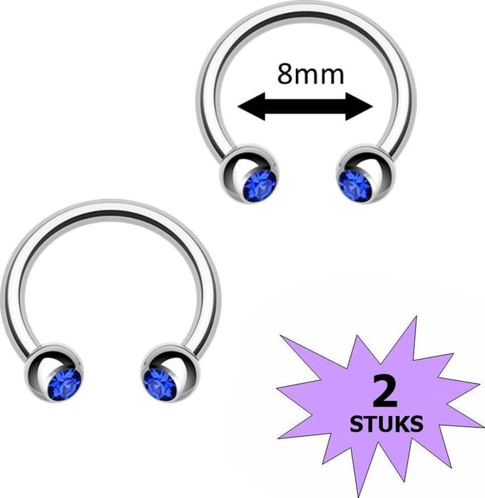 Fako Bijoux® - Circular Barbell Piercing - Hoefijzer Kristal Duo - 8mm - Donkerblauw - 2 Stuks