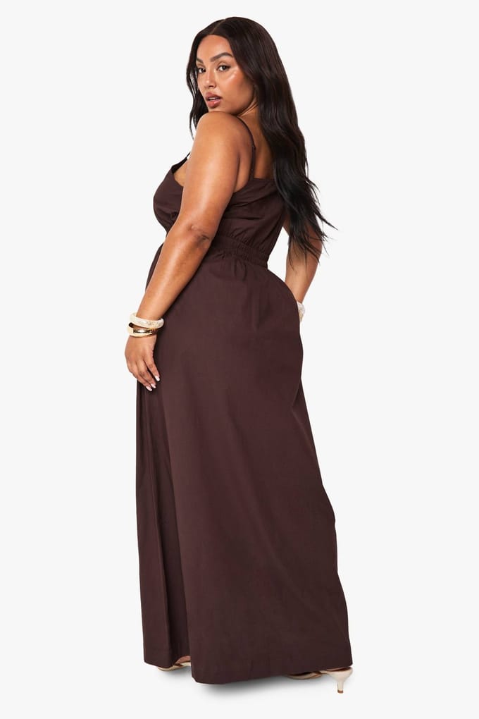 boohoo Dames Plus Katoen Poplin Midaxi Jurk | Chocoladebruin | Maat: 44