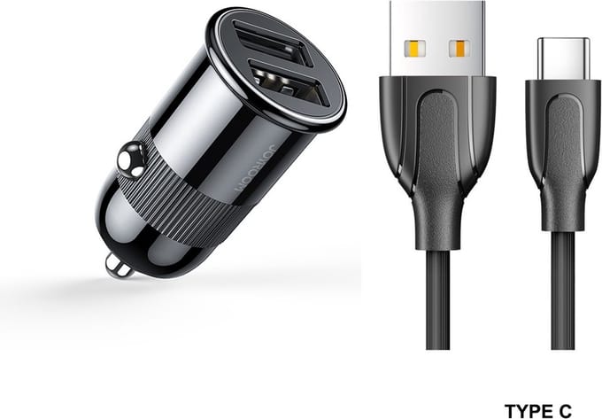 Joyroom 3.1A autolader Snellader - 2 USB-A poorten inclusief USB-C kabel - Zwart