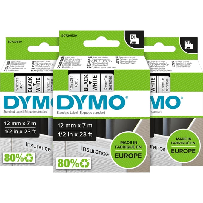DYMO D1 12mm x 7m Zwart Wit Labels 3-pack
