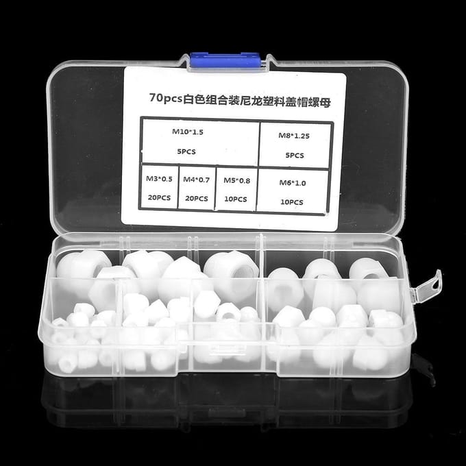 70 stuks M3M4M5M6M8M10 Nylon Zeskantmoeren Kit Koepelkop Dop Zeskantmoeren (Wit)