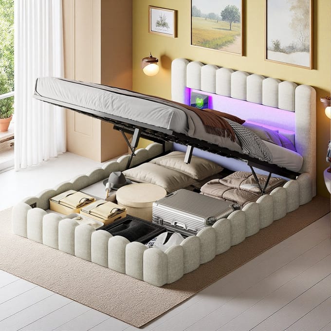 Tweepersoonsbed 140x200 cm Beige – Linnen, Hydraulisch Opbergbed met LED & USB