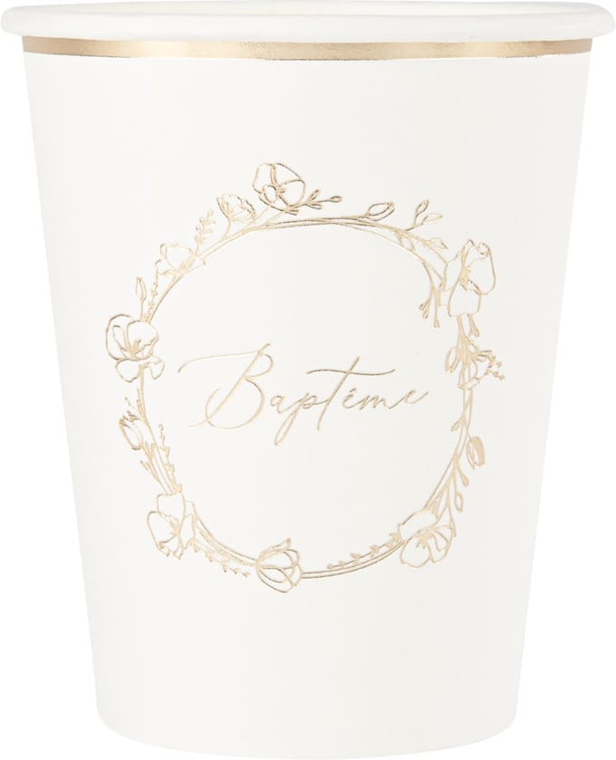 ARTYFETES - 8 kartonnen bekers Doop 255 ml gouden bloemen