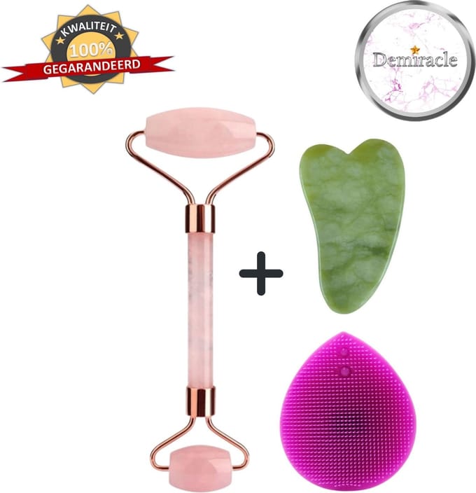 Demiracle Rose Quartz Face Roller met Gua Sha Schraper en Paarse Siliconen Gezichtsborstel - Gezichtsroller - Massage Roller - Jade Roller - Rimpelverwijdering - Ontspanning