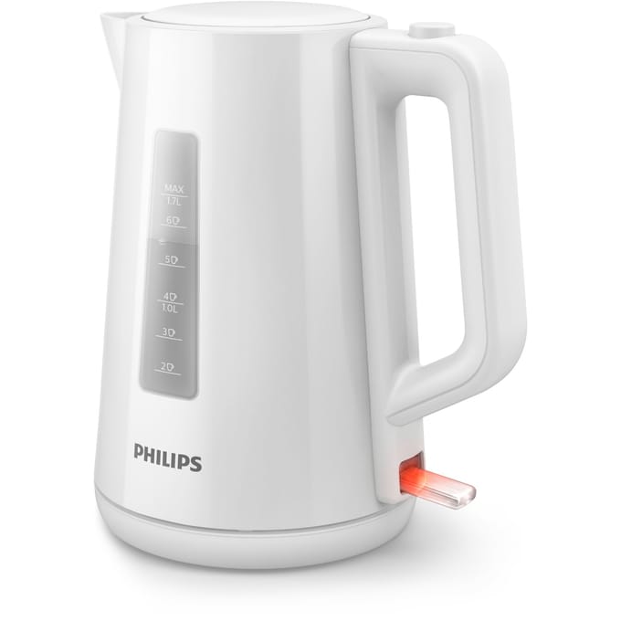 Philips 3000-serie Waterkoker - 1.7 Liter capaciteit met veiligheidssysteem en veerdeksel in het wit.
