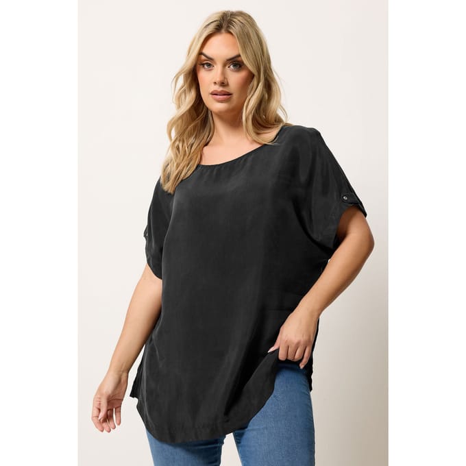Yours Zwarte Top Met Tabdetail Op De Mouwen Size 44
