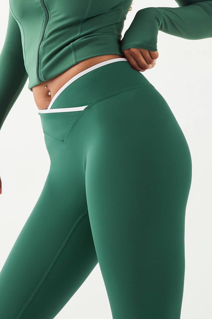 Dames DSGN Studio Sport Legging met Contrastbies en Wikkelband | Green | Maat: Medium