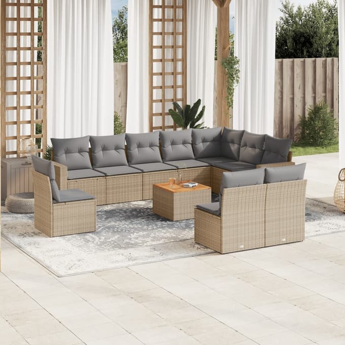 vidaXL - 11-delige - Tuinset - met - kussens - poly - rattan - beige