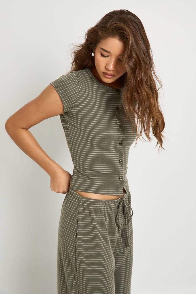 boohoo Dames Stripe Minimal Tailleband Wijde Pijpen Broek | Khaki | Maat: 10