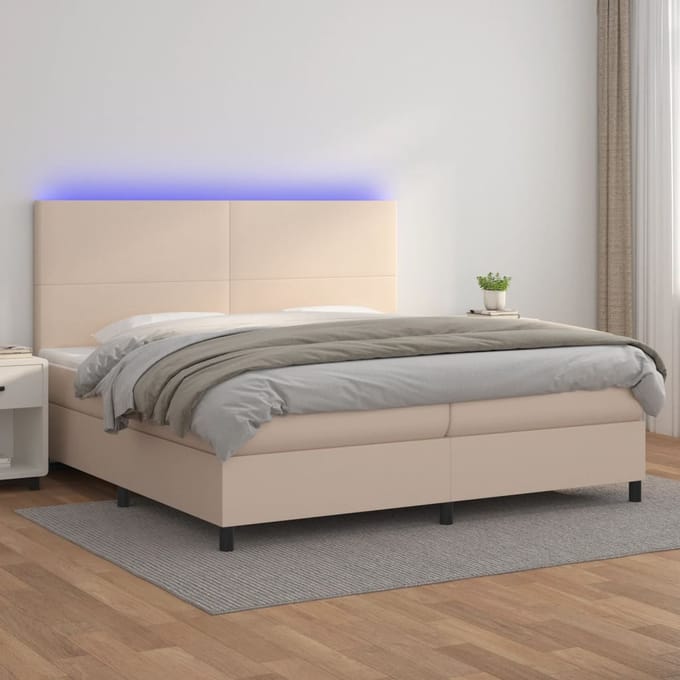 vidaXL - Boxspring - met - matras - en - LED - kunstleer - cappuccinokleur - 200x200cm