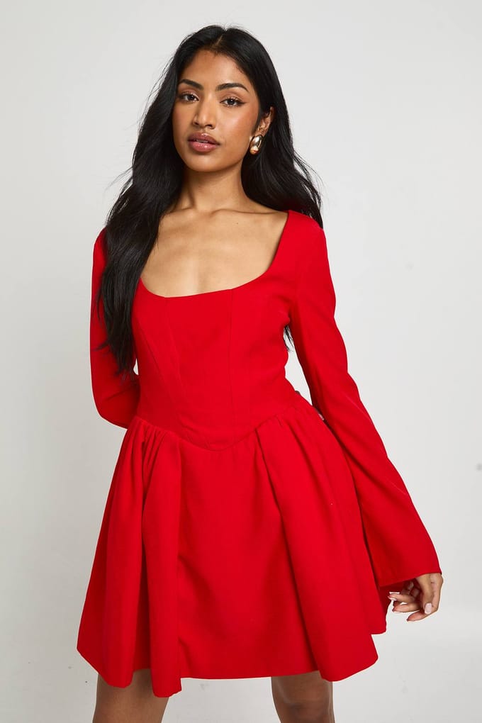 boohoo Dames Gestructureerde Corset Skaterjurk | Red | Maat: 10