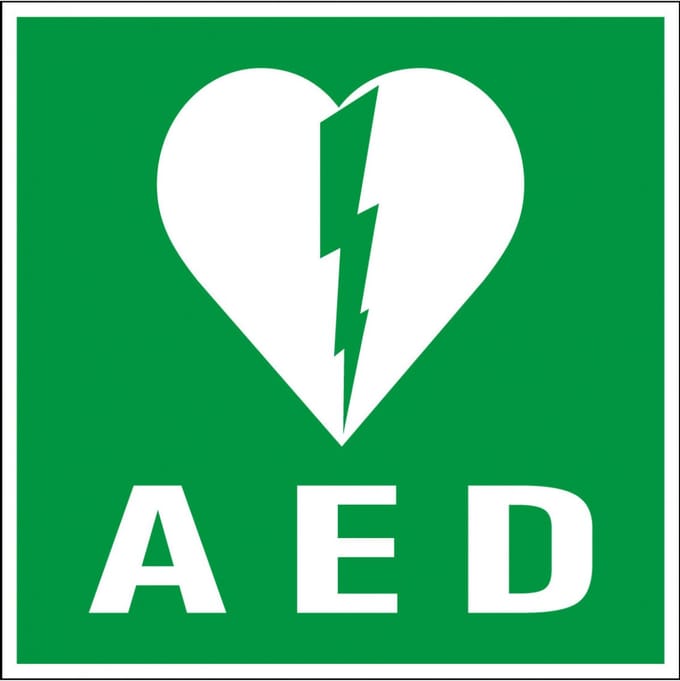 Sticker met tekst AED 150 x 150 mm