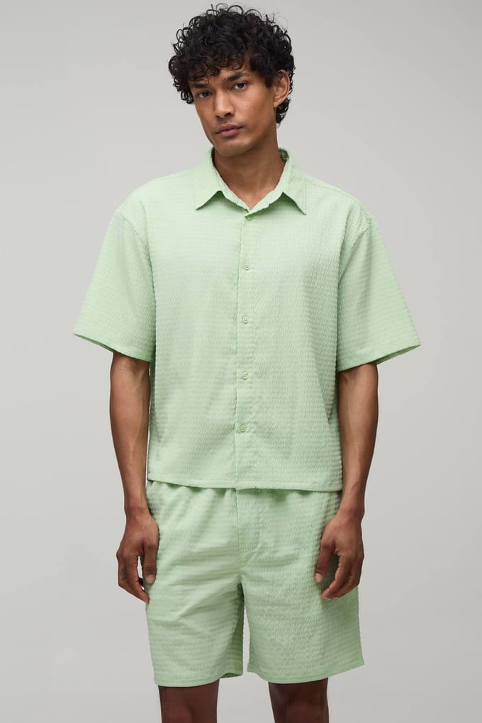 Gestreept Seersucker Oversized Boxy Shirt & Relaxed Short Set | Sage | Size Medium