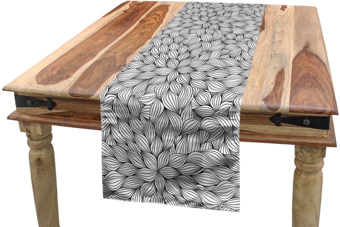 ABAKUHAUS zwart-wit tafelloper – lijnenkunst bladeren – 40x300 cm – polyester