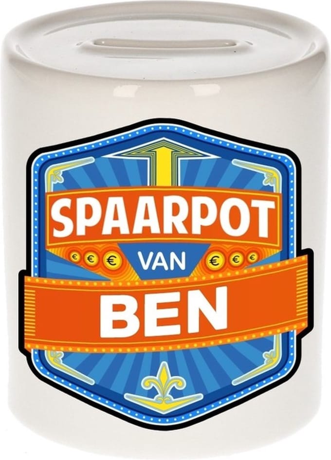 Bellatio Decorations Kinder spaarpot met naam - Ben - keramiek - met dop - wit - Sparen - Spaargeld van Ben