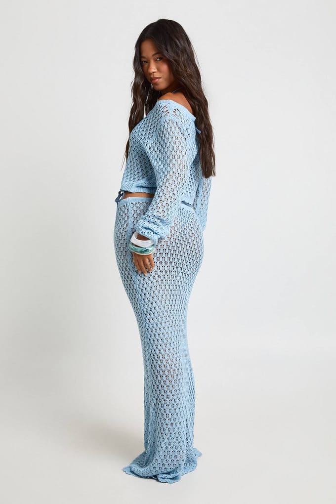 boohoo Dames Gehaakte Gebreide Strand Maxi Rok | Blauw | Maat: Medium