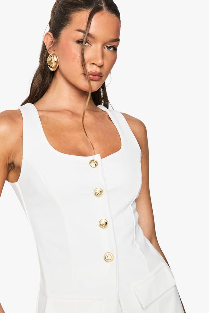 boohoo Dames Button Through Longline Vest en Mini Rok Co-ord | Cream | Maat: 10
