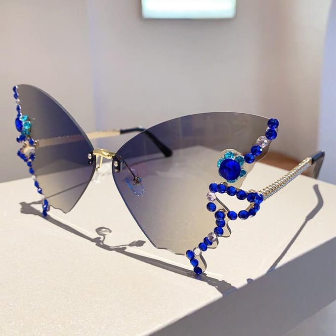 KAMMPT Strass Randloos Vlinder Zonnebril Verloop Meerkleurig Dames Montuur Trendy Oversized Feest Bril without case