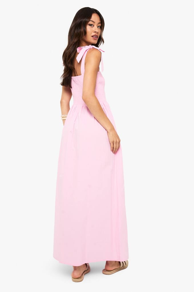 boohoo Dames Lange maxi‐jurk van gerimpelde popeline met strikband | Roze | Maat: 46
