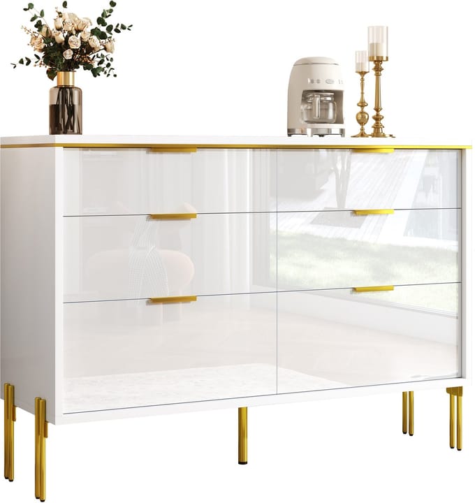 Moderne Sideboard-Met 6 Lades-In Wit en Goud-Hoge Glans Fronten-Voor Woonkamer, Eetkamer & Hal-Wit en Goud