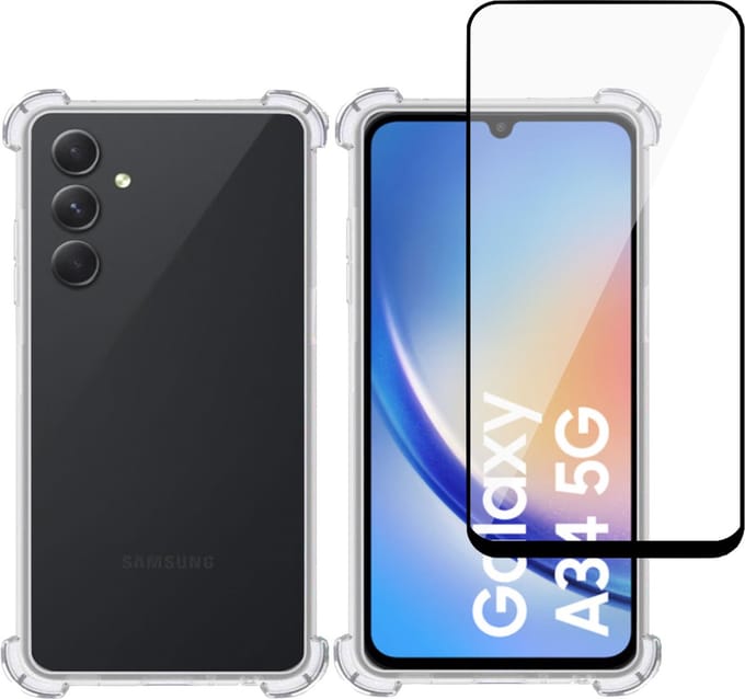 Hoesje geschikt voor Samsung A34 + Screenprotector – Full Screen Tempered Glass - Extreme Shock Case Transparant