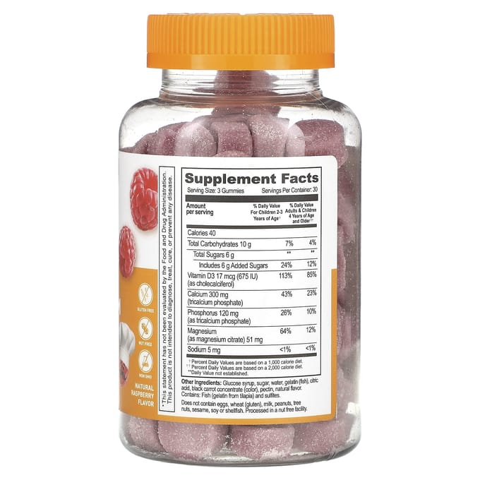 Lifeable, gommes calcium magnésium + vitamine D3 pour enfants, saveur framboise naturelle, 90 gommes