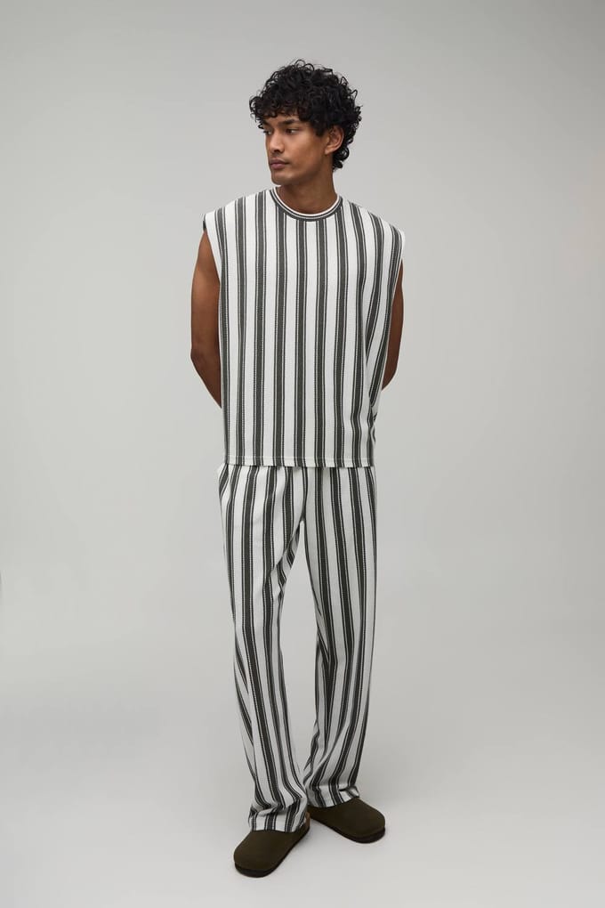 Oversized Boxy Tank & Joggingbroek Set Met Verlaagde Schouder En Strepen | Forest | Size Medium