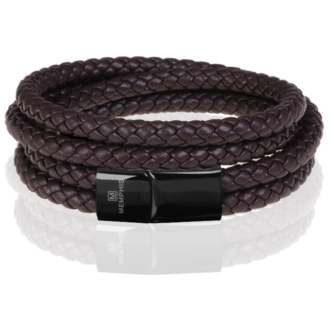 Memphis dubbele wrap armband Leer Bruin Zwart-22cm