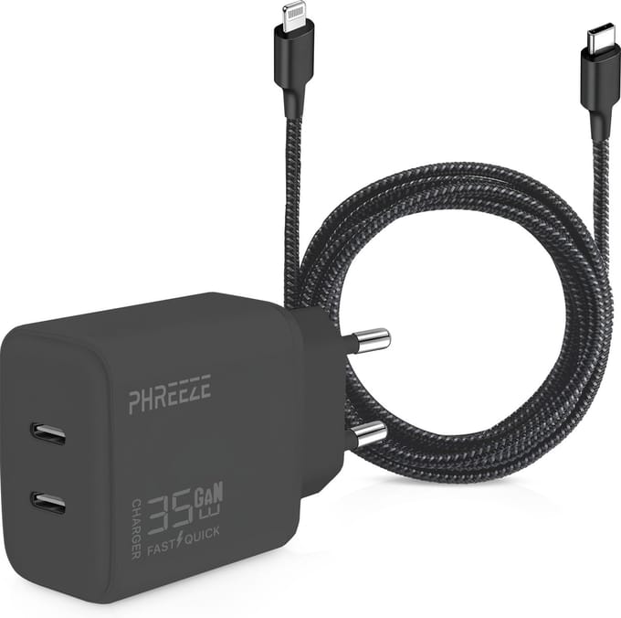 Usb C snellader 2 poorten + Oplader kabel geschikt voor iPhone 14/13/12/11/X/8/7/SE - Lightning naar usb-C kabel - 3 meter