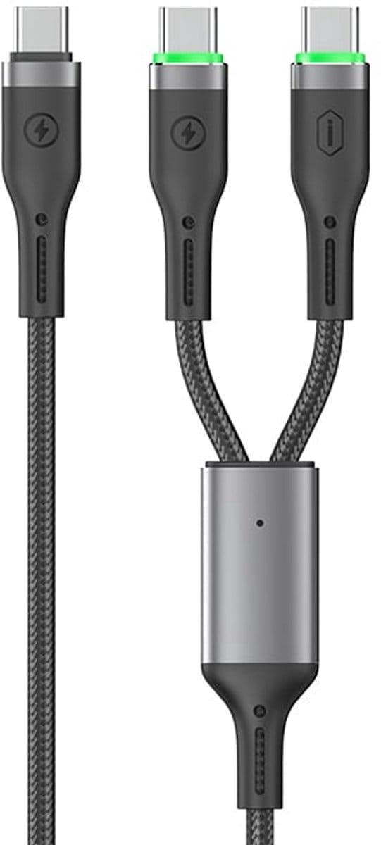 WiWU 2-in-1 USB-C kabel 100W – Snellaadkabel & datakabel – Usb-C naar dubbel USB-C – Zwart