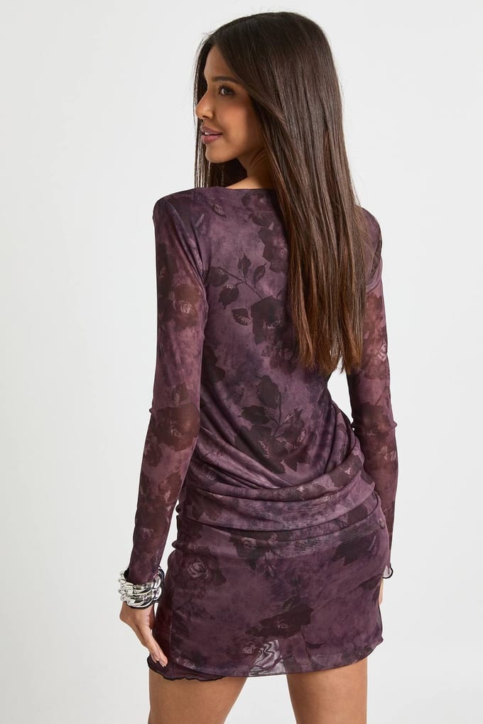 boohoo Dames Mini-jurk met floral mesh en draperende taille-details | Plum | Maat: 10