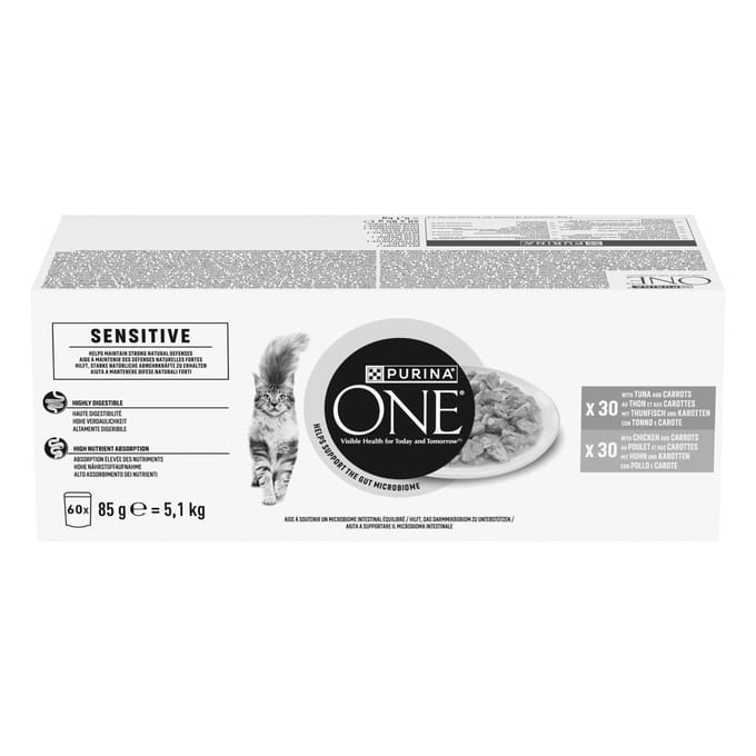 PURINA® ONE® Sensitive - Kattenvoer Natvoer - Tonijn & Kip - 60 x 85 g