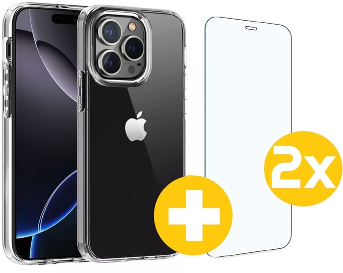 Hoesje en Screenprotector Combi Geschikt Voor iPhone 16 Pro - Transparant Hoesje + 2x Screenprotector