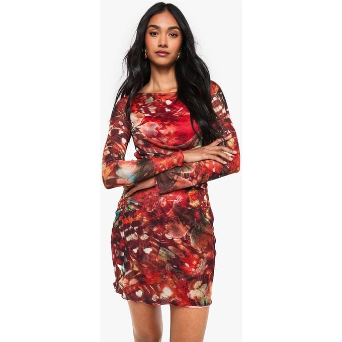 boohoo Dames Abstract Mesh Cowl Detail Mini-jurk | Orange | Maat: 8