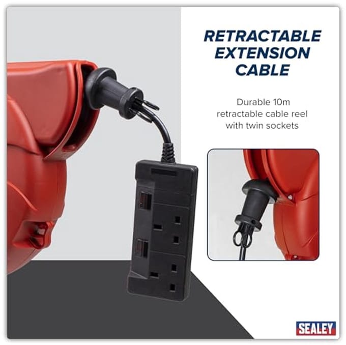 Retractable Cable Reel 10m with Dual 230V Sockets
