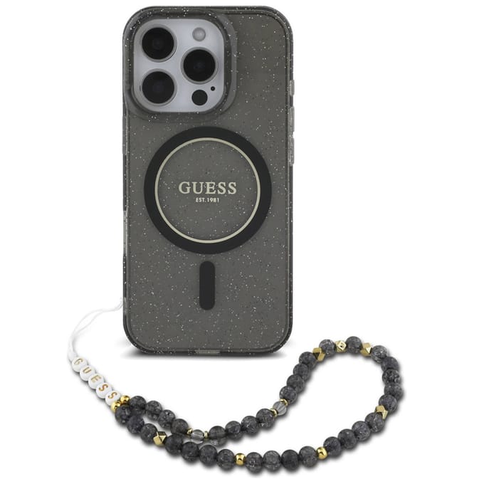 Guess MagSafe IML Glitter Case met beads strap voor de Apple iPhone 16 Pro - Zwart